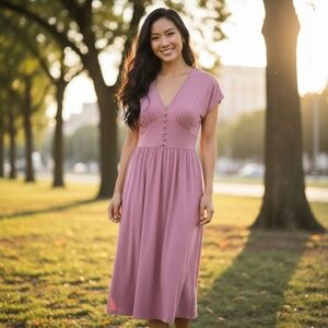 ASOS Pink Midi Sundress with Puff Sleeves and V-Neck